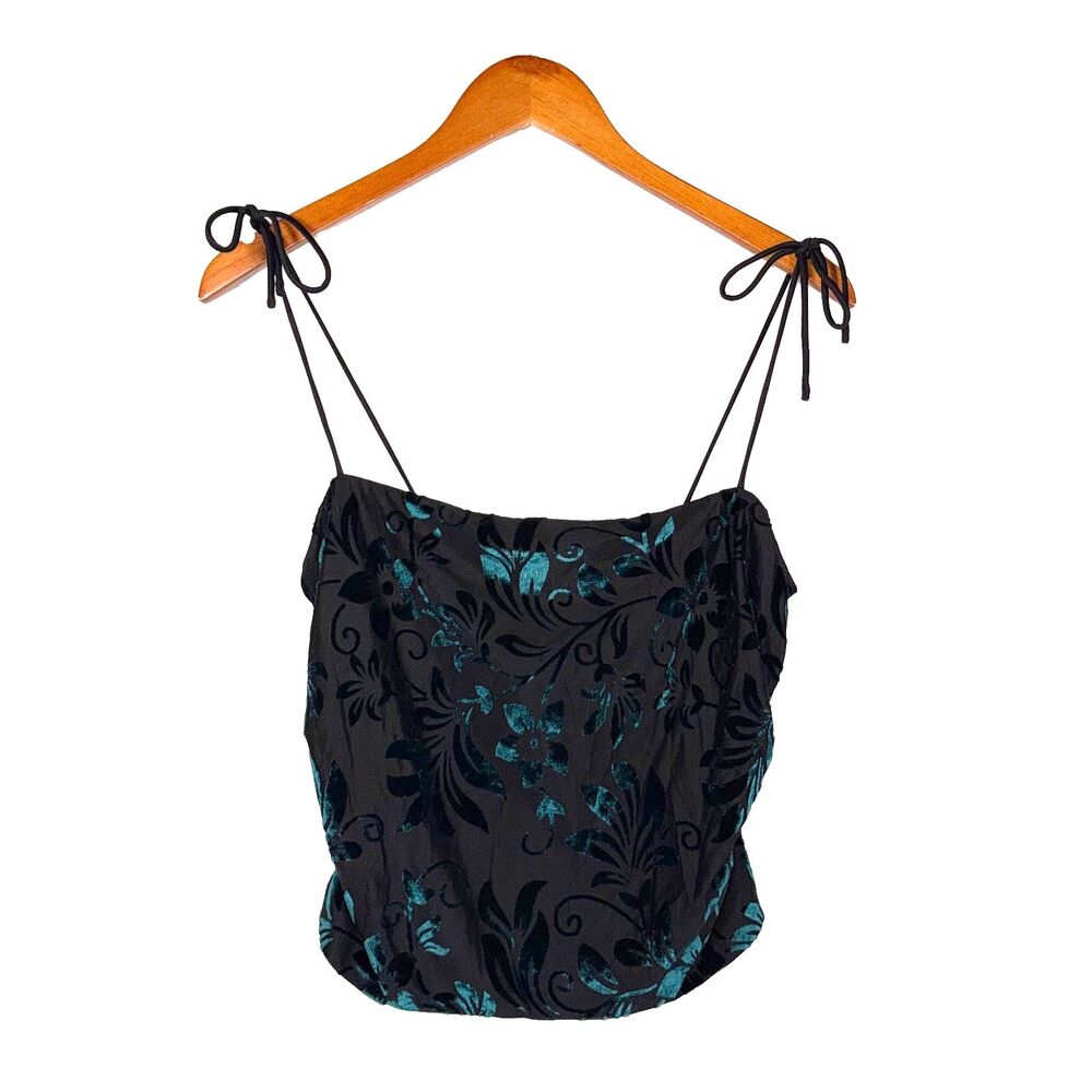 Y2K Kourt Velvet Flocked Floral Corset Top Black Green Tie Strap Fairy Grunge